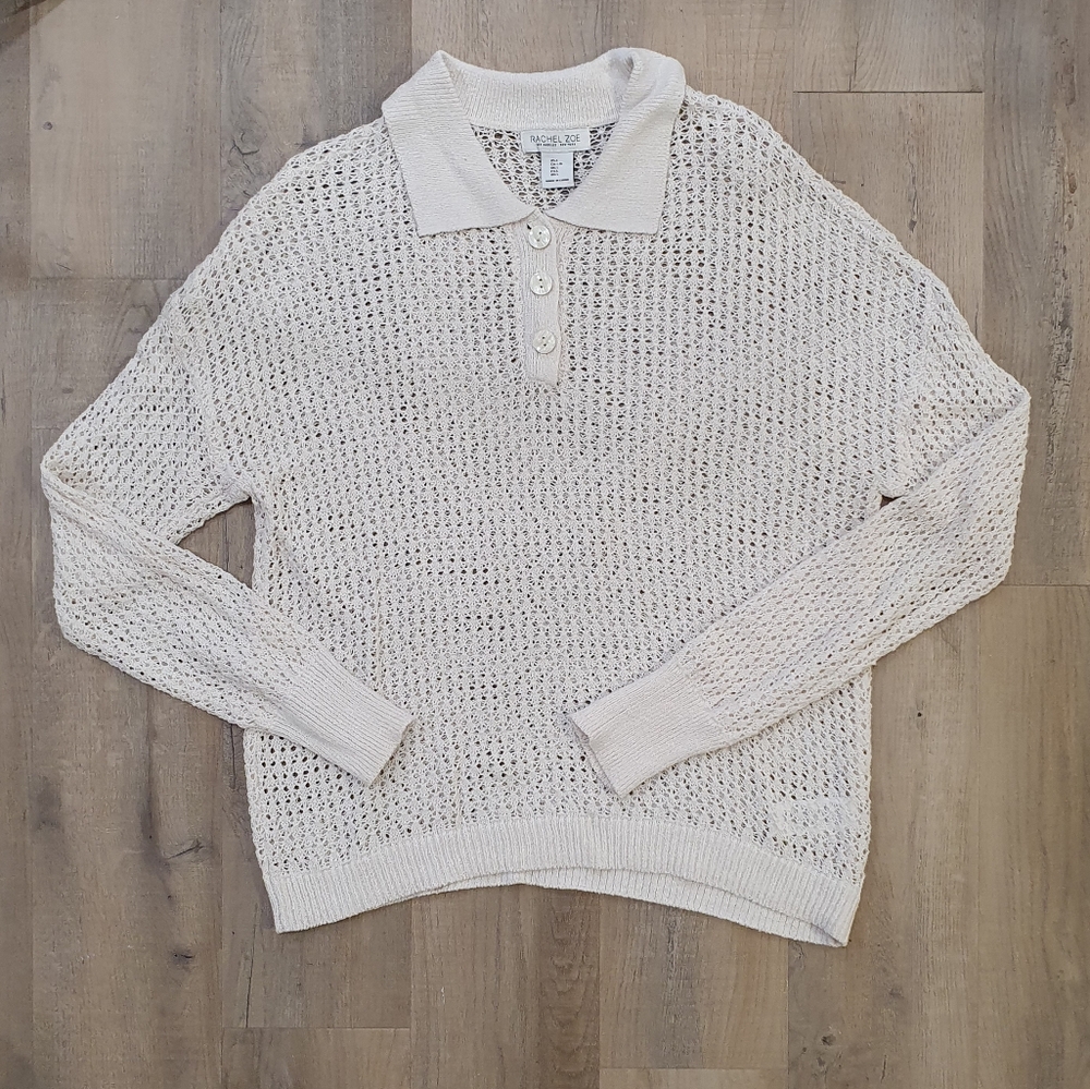 Rachel Zoe collared loose knit button top, cream, size large